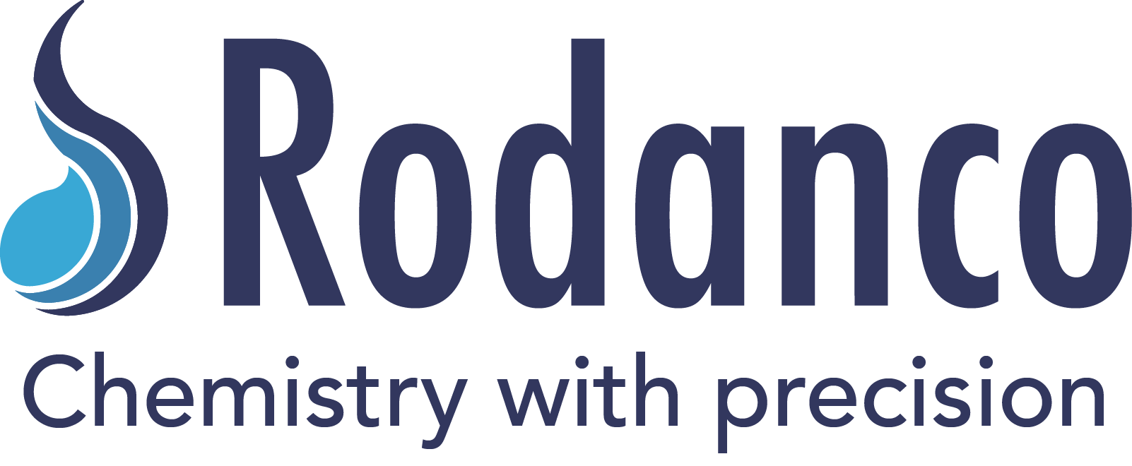 Roddanco logo with blue flame icon and tagline Chemistry with precision on white background