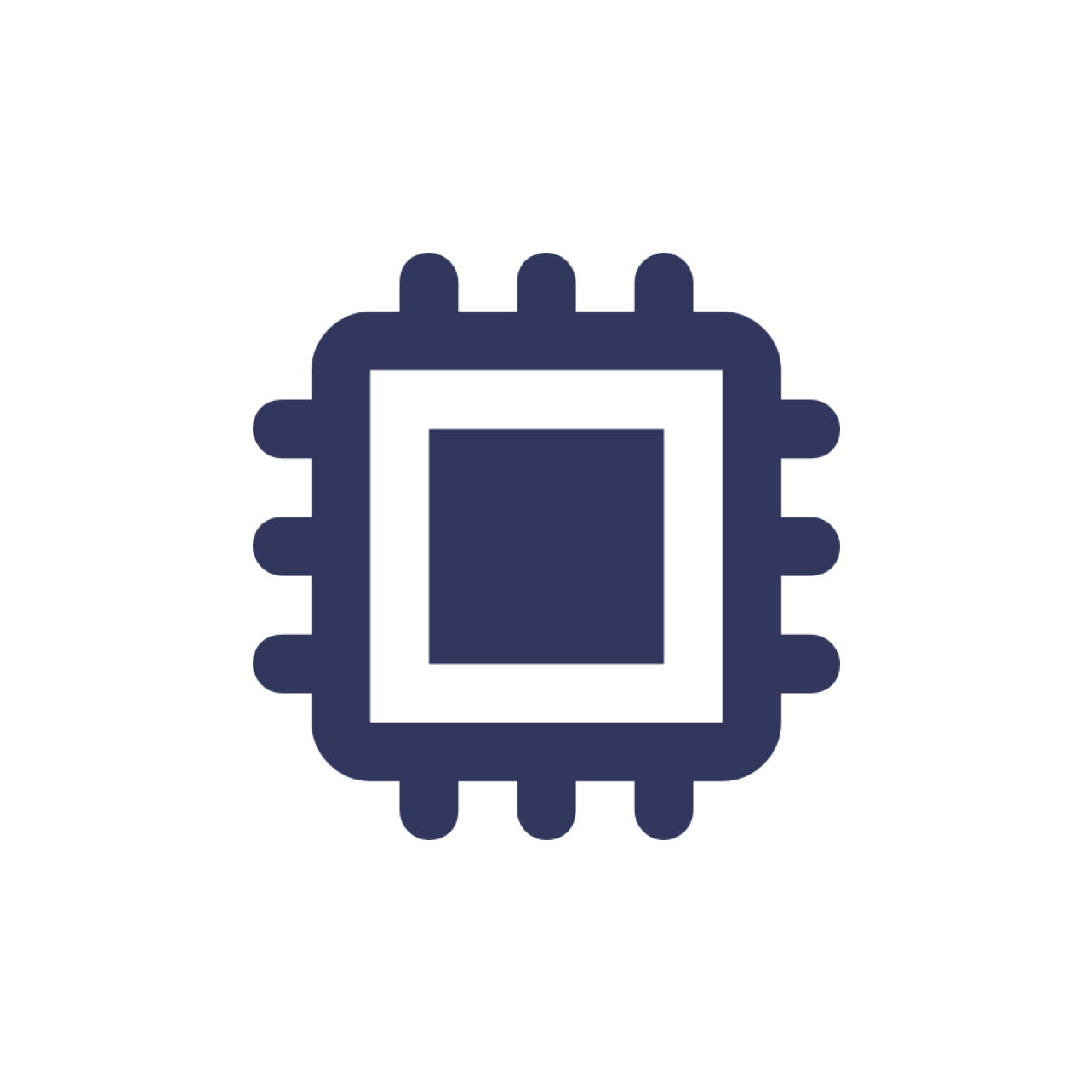 Dark blue microchip icon on white circular background representing technology or computing.