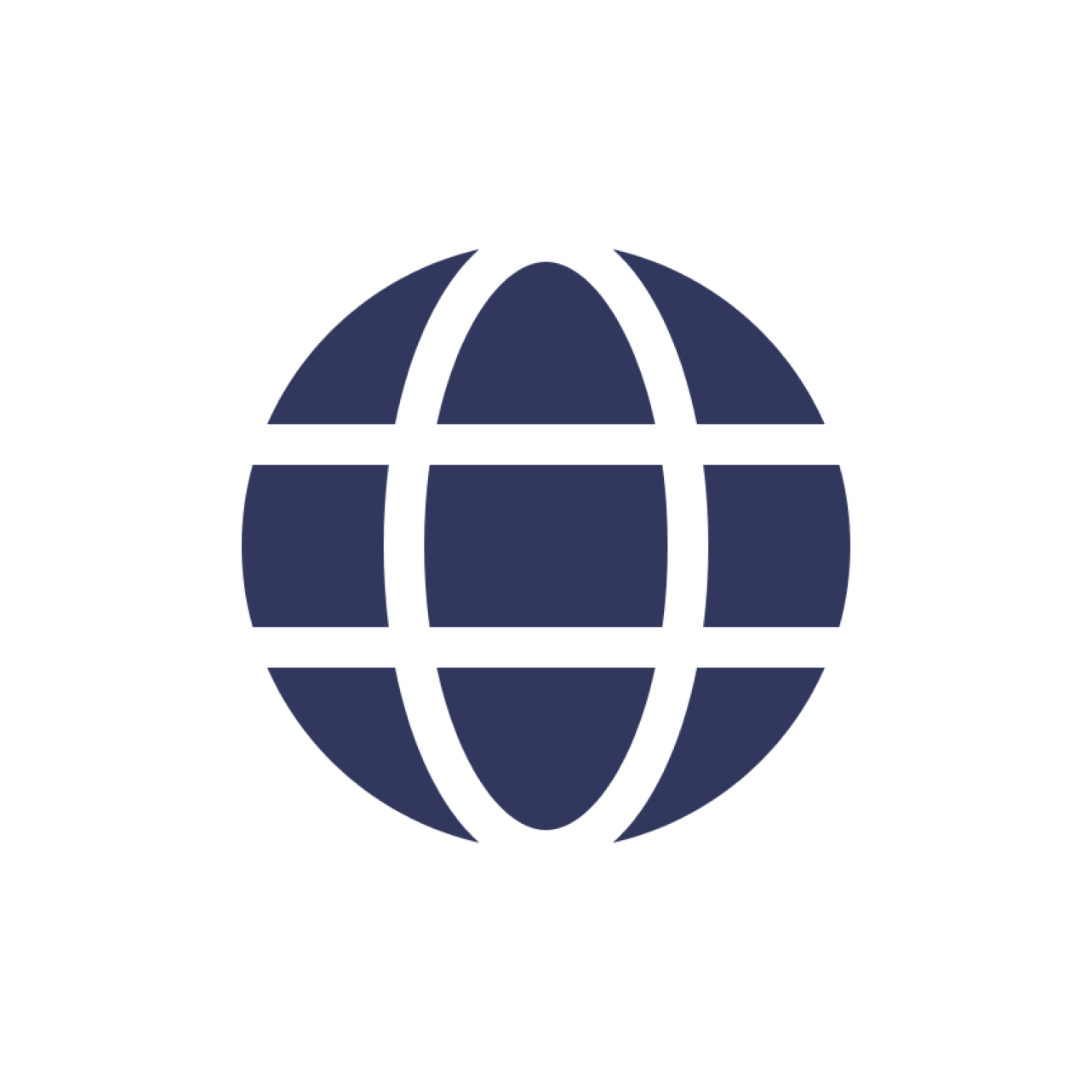 Dark blue globe icon with horizontal and vertical lines inside a white circular background
