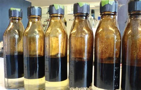 Row of glass bottles filled with dark and light liquids sealed with tape on caps on a kitchen counter.