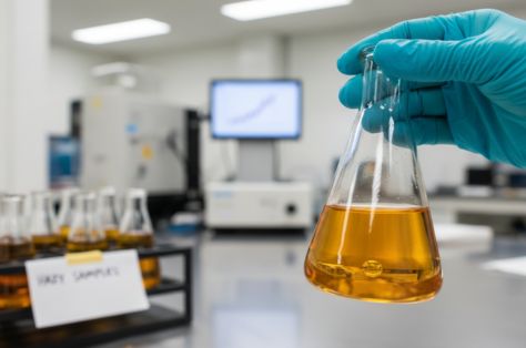 Mano enguantada sosteniendo un matraz con líquido ámbar en un laboratorio moderno con equipo científico al fondo