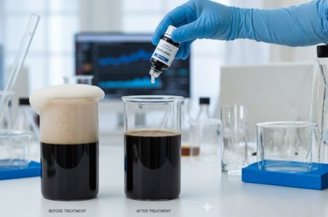 Wissenschaftler, der Flüssigkeit zu dunkler Lösung im Becher gibt, zeigt vor und nach der Behandlung im Labor