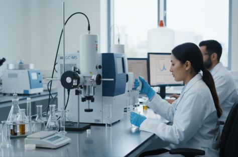 Scientifique utilisant la chromatographie en phase gazeuse de la spectrométrie de masse GC-MS en laboratoire moderne pour l’analyse chimique