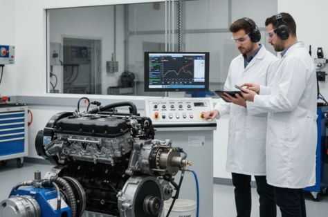 Ingenieros con batas de laboratorio analizando los datos de rendimiento de un motor en una tableta y un ordenador en unas instalaciones de pruebas.