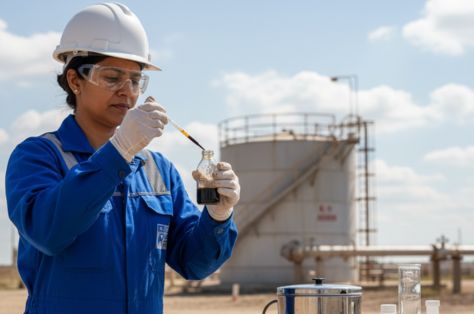 Female engineer in safety gear testing liquid sample at industrial oil refinery site outdoors.