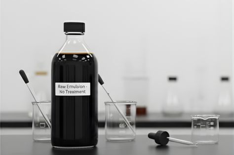 Laboratory bottle labeled raw emulsion no treatment with glass beakers and droppers on black surface