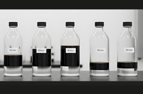 Five clear bottles with black liquid at different levels labeled with various time durations on a black surface.