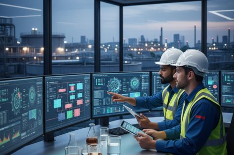Engineers in safety helmets analyzing industrial data on multiple monitors in a control room.