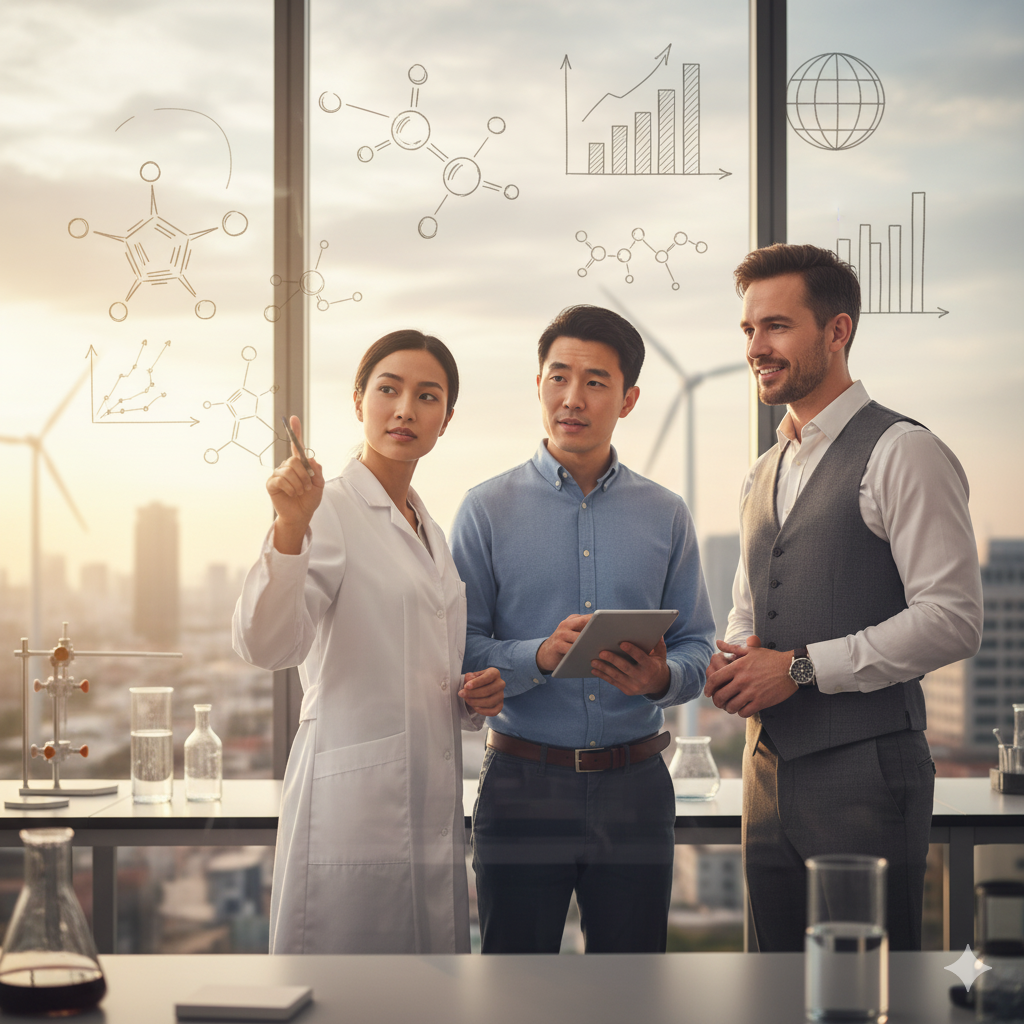 Scientists and business professionals discussing data and molecular structures in modern lab with wind turbines outside