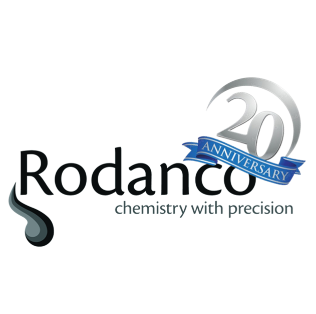 Rodanco 20th anniversary logo with tagline chemistry with precision and blue ribbon design.