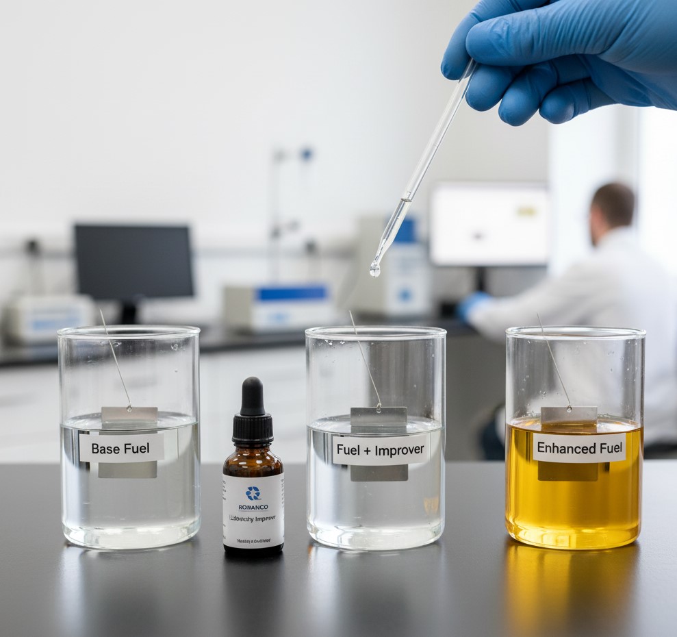 Laboratory testing of base fuel, fuel improver, and enhanced fuel with dropper and scientist in background