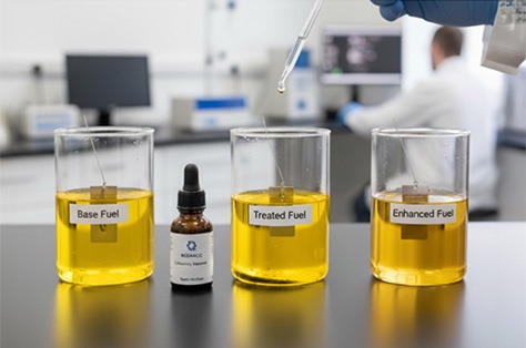 Laboratory testing of base, treated, and enhanced fuel samples with a dropper and reagent bottle.
