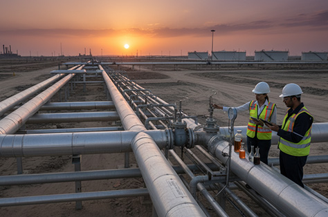Des ingénieurs inspectant des pipelines pétroliers sur un site industriel au coucher du soleil, équipés de matériel de sécurité et tablettes.