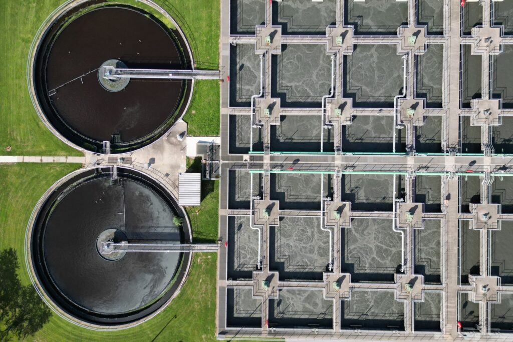 Aerial view of clarifiers and rectangular separation basins at a water treatment plant
