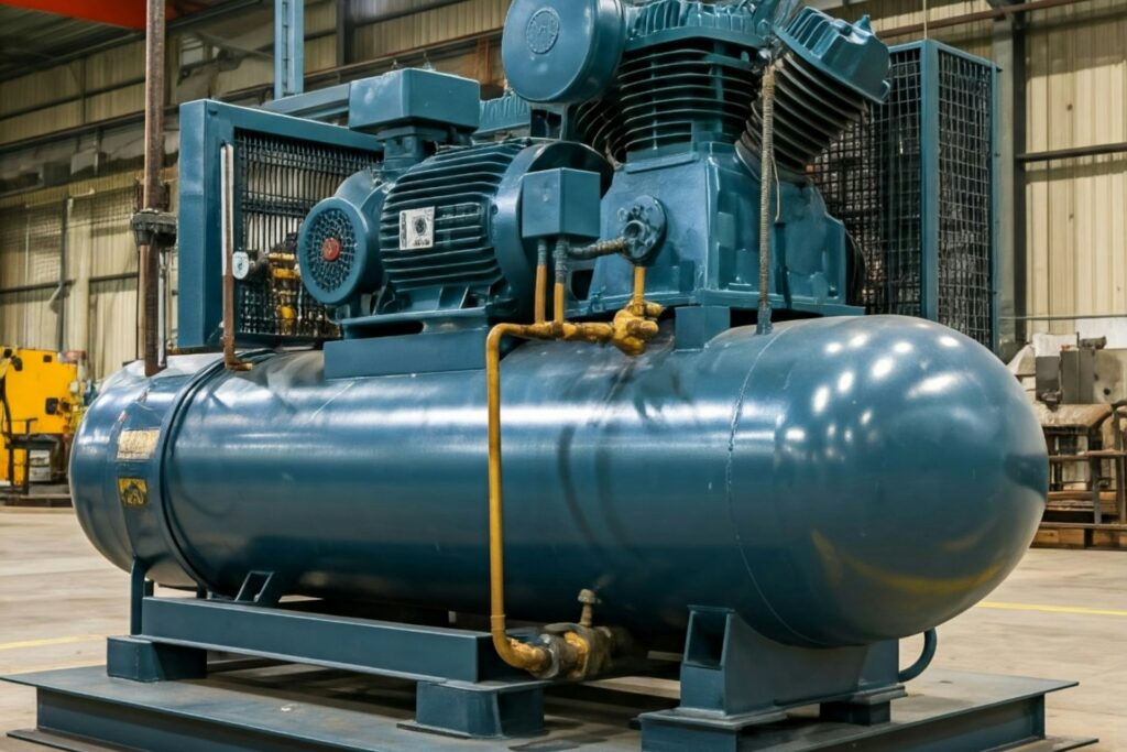 Skid-mounted blue compressor package with receiver vessel, similar to a VRU compressor skid