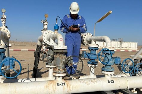 Trabajador petrolífero con mono azul y casco blanco inspeccionando el equipo en un oleoducto desértico bajo un cielo despejado
