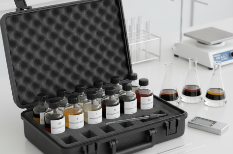 Portable black case with labeled chemical bottles and laboratory glassware on white lab bench.