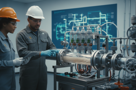 Ingénieurs en équipement de sécurité inspectant des machines industrielles avec tuyaux et panneau de contrôle dans une usine